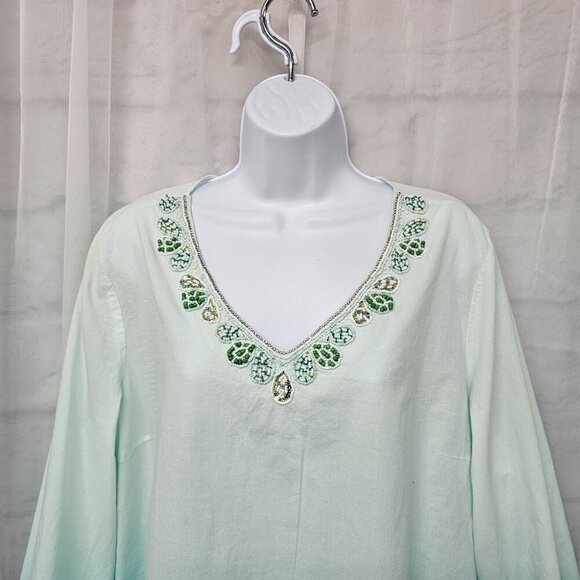Krazy Kat Green Ombre Beaded Blouse Peasant Hippie Beach Festival L - Picture 2 of 12